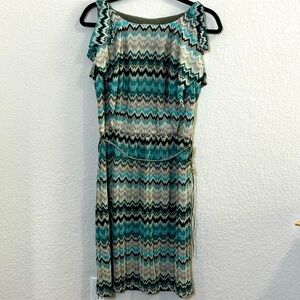 J Taylor Women’s Herringbone Chevron Teal Short Butterfly Sleeve Dress, Size 8